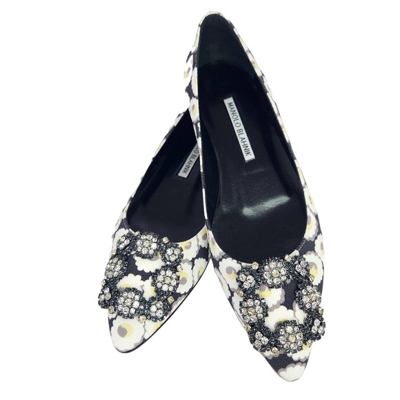 Manolo Blahnik Shoes - Manolo Blahnik Hangisi Crystal Brooch Floral Print Flats 35.5